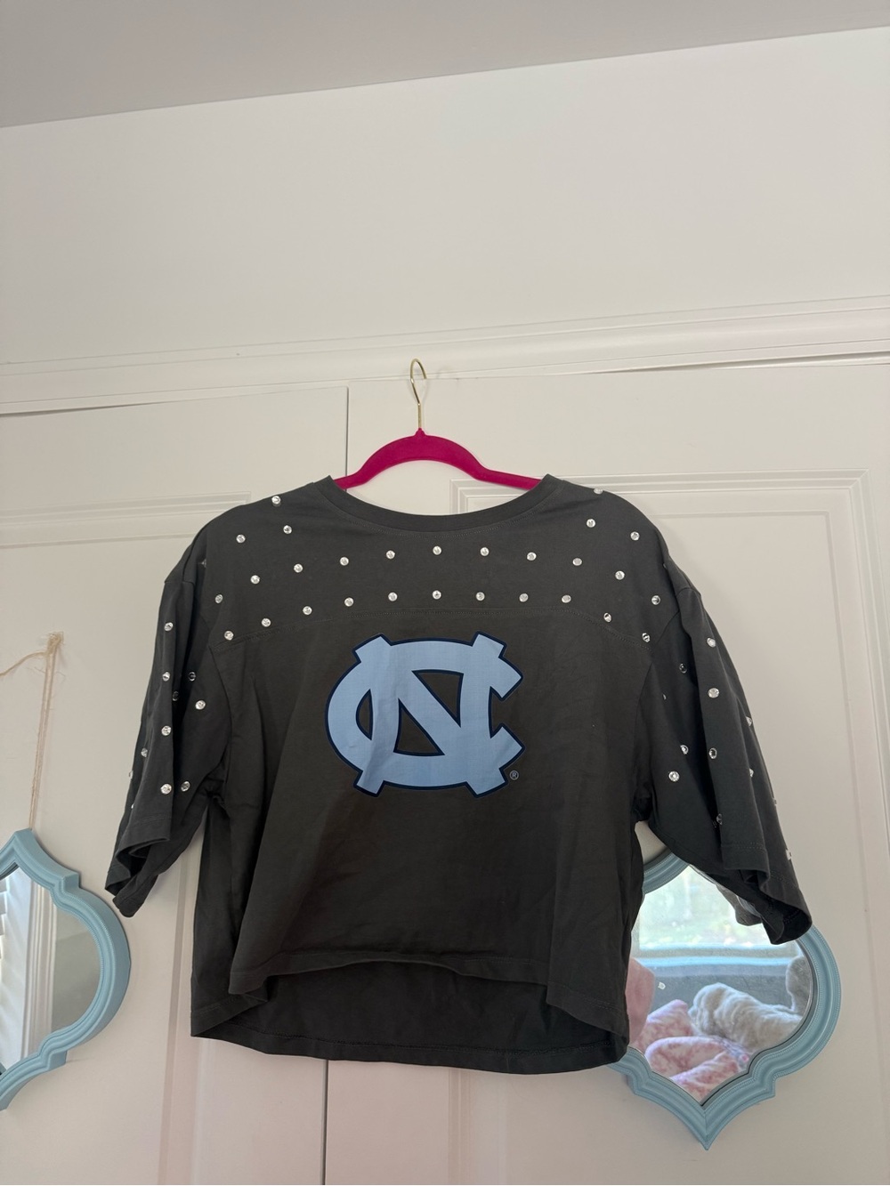 UNC Cropped Grey Tee with Light Blue Logo and Stud Details